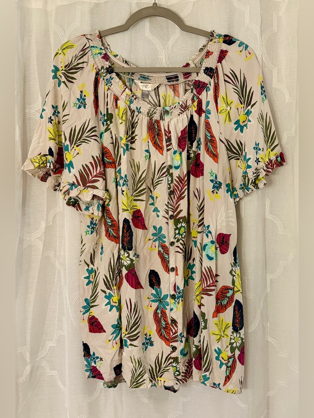 Terra & Sky 2X Floral Botanical Boho Tunic Dress Ivory Multicolor